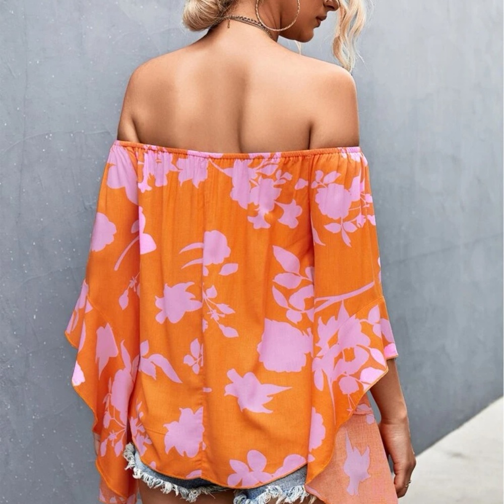 Off the shoulder ruffle flowy boho floral print top blouse orange pink - Picture 2 of 6